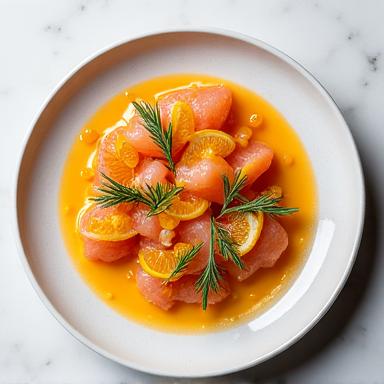 Piatto gourmet con crudo di ricciola e agrumi.